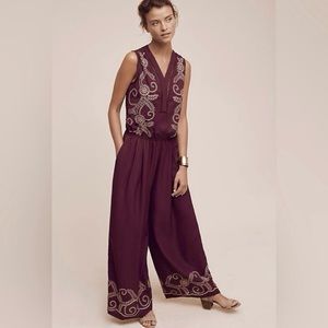 Ranna Gill Embroidered Wine-Colored Jumpsuit - Flowy, Formal, Pockets.